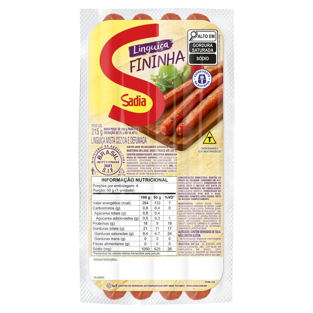 Linguiça Mista Cozida E Defumada Fininha Sadia 215g